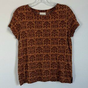 WRAP 100% Linen Short Sleeve Crew Neck Geometric Brown T-Shirt Women's Size 6